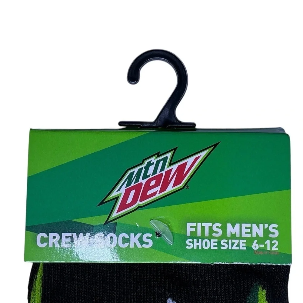 Socks Mountain Dew Novelty Crew Length Reinforced Black Green Unisex Men 6-12
